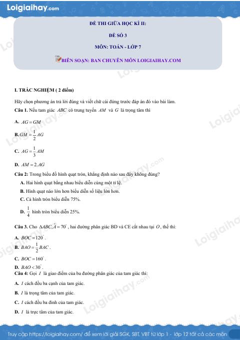 Đề thi giữa kì 2 Toán 7 - Đề số 3 - Cánh diều